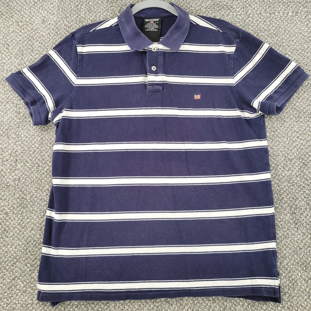 Polo Jeans Co Ralph Lauren Mens Large Navy Blue White Striped Cotton Polo Shirt